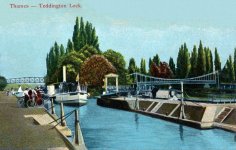 Teddington Lock,river view,paddle steamer,lady cyclist